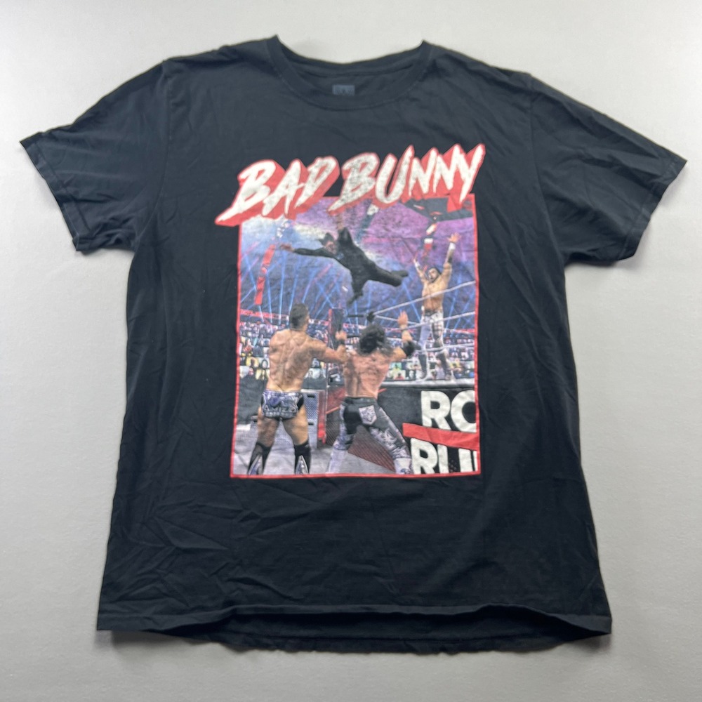 WWE Authentic T Shirt Mens Large Black Bad Bunny Royal Rumble Splash Graphic
